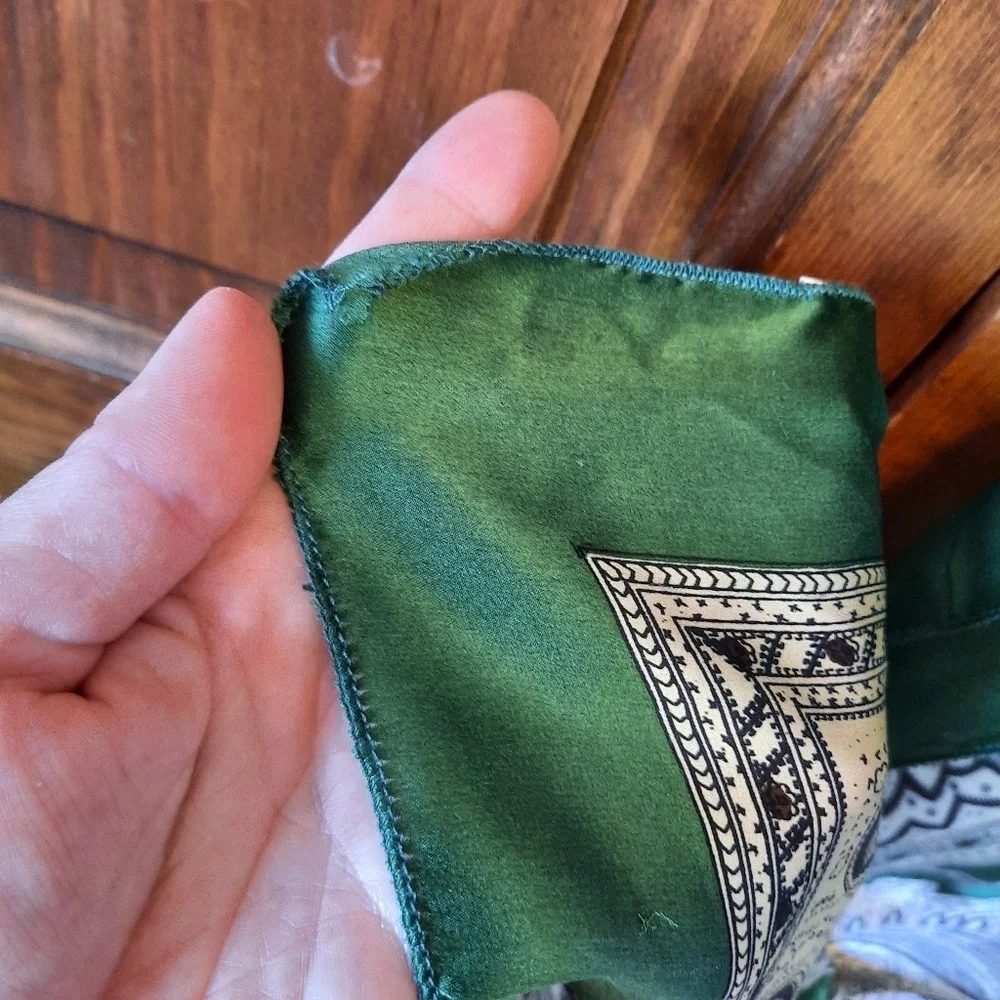 Vintage 100% Thai Silk Dark Green Brown Paisley Print Patterned Scarf